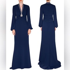 Reem Acra Embellished V-Neck Crepe Gown Dress